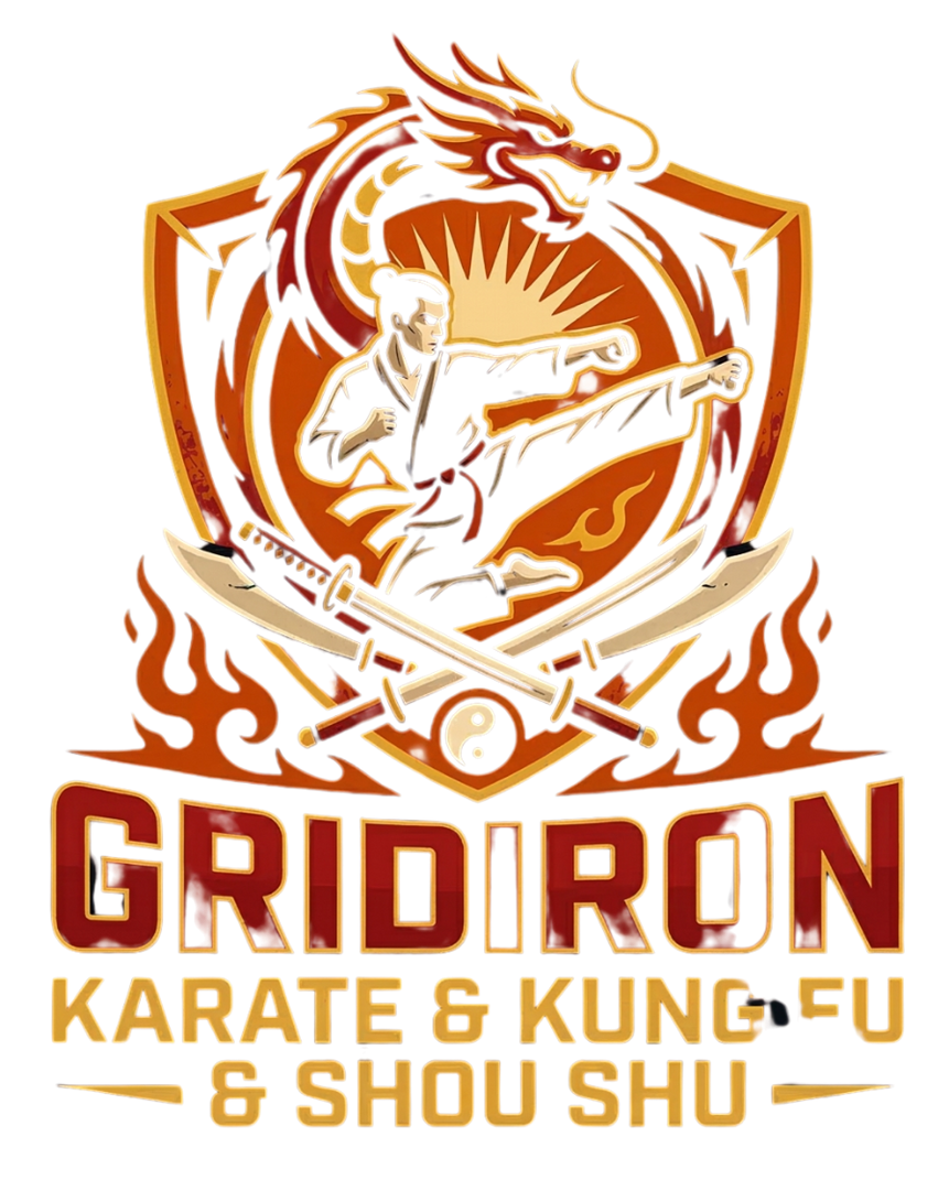 Logo for Gridiron Karate & Kung Fu & Shou Shu featuring a martial artist, dragon, and crossed swords in orange and brown.
