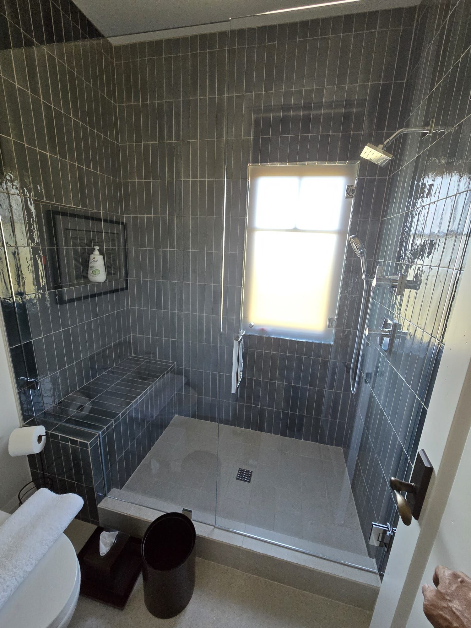 A bathroom with a walk in shower and a toilet.