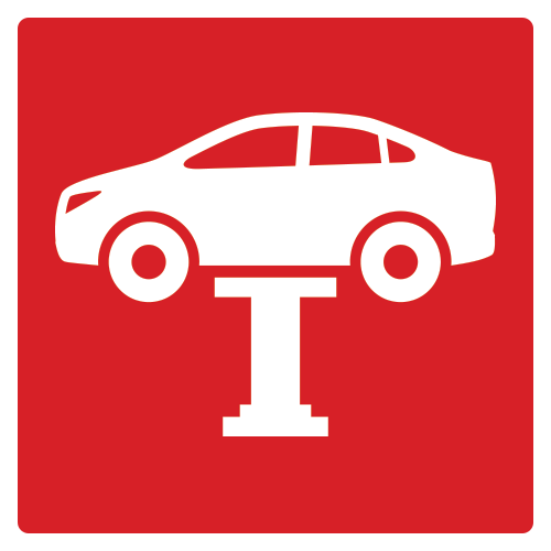Red square icon with small car hoisted in air