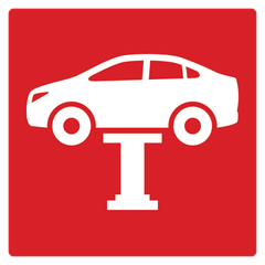 Red square icon with small car hoisted in air