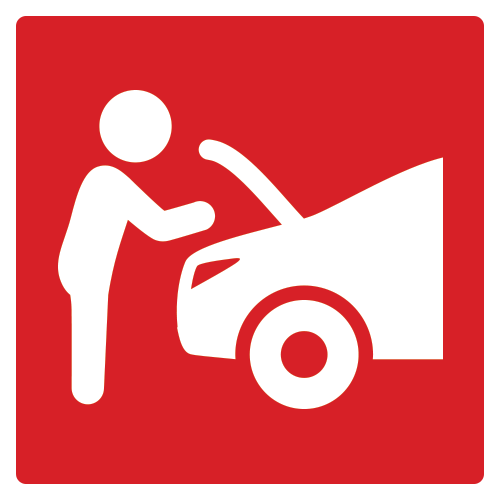 Red square icon of small car being examined by human figure