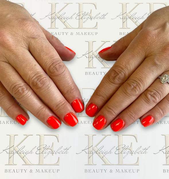 Hands with bright red nail polish, oval-shaped nails, on a light background with beauty logo.