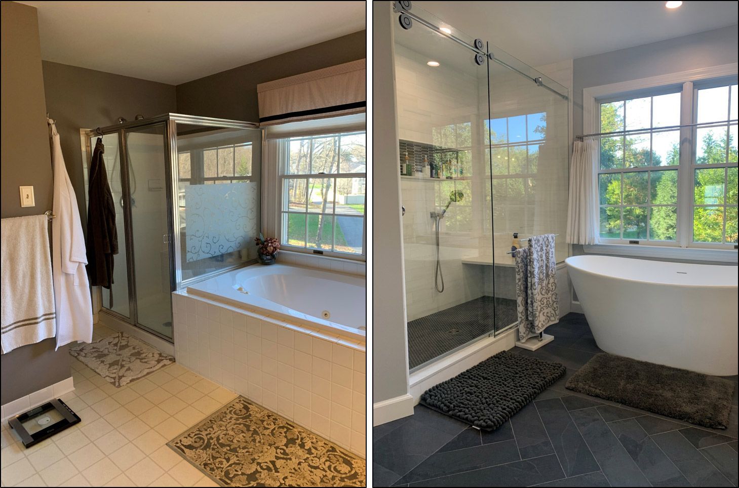 Bathroom remodel comparison: before (left) with outdated style; after (right) with modern, open design featuring a tub and shower.