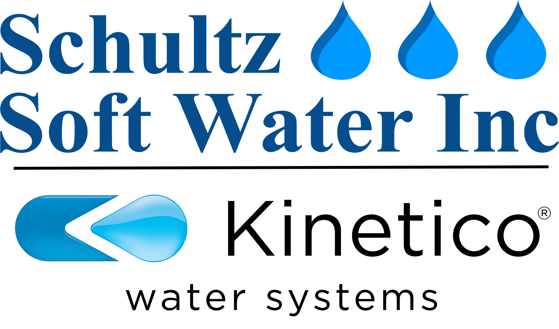 Logo for Schultz Soft Water Inc. with blue water droplets and Kinetico water systems.