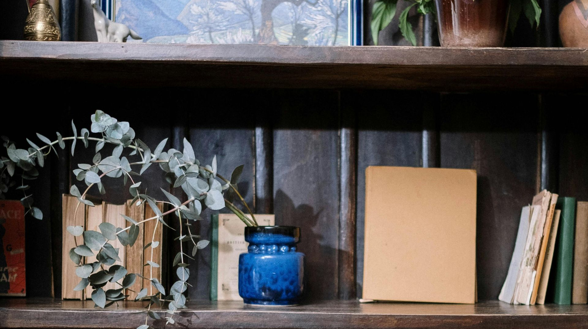 A blue vase with eucalyptus branches sits on a dark wooden shelf between old books and a blank, tan-covered journal.