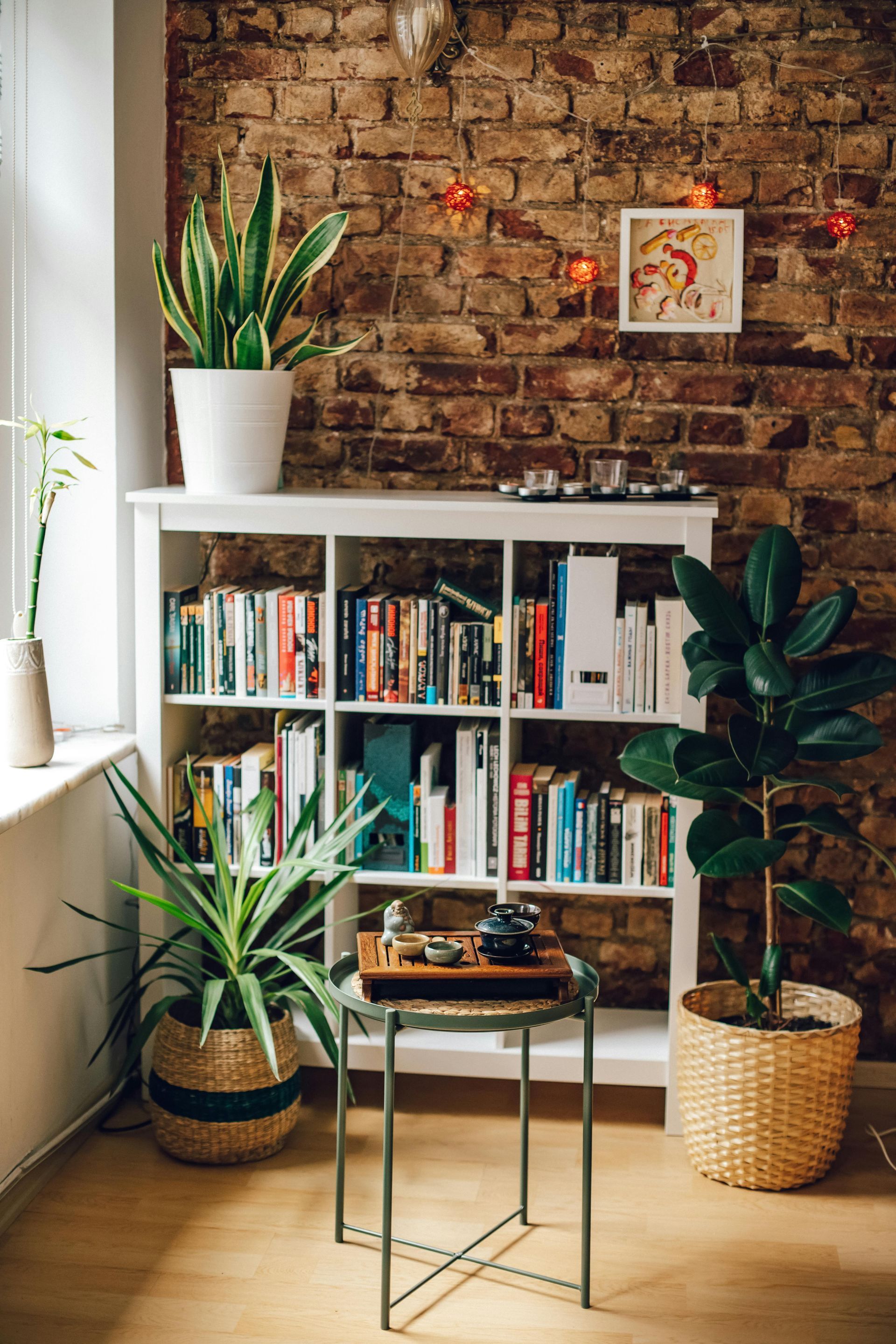 Bookshelf with plants against a brick wall. A small table holds a tea set. Natural light illuminates the room.