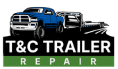 Blue truck towing a trailer, "T&C Trailer Repair" logo. Green bar with "REPAIR".