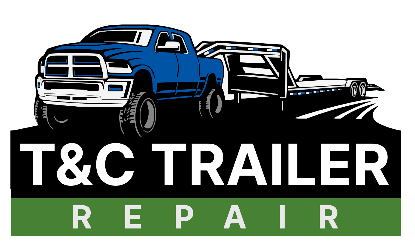 Blue truck towing a trailer, "T&C Trailer Repair" logo. Green bar with "REPAIR".