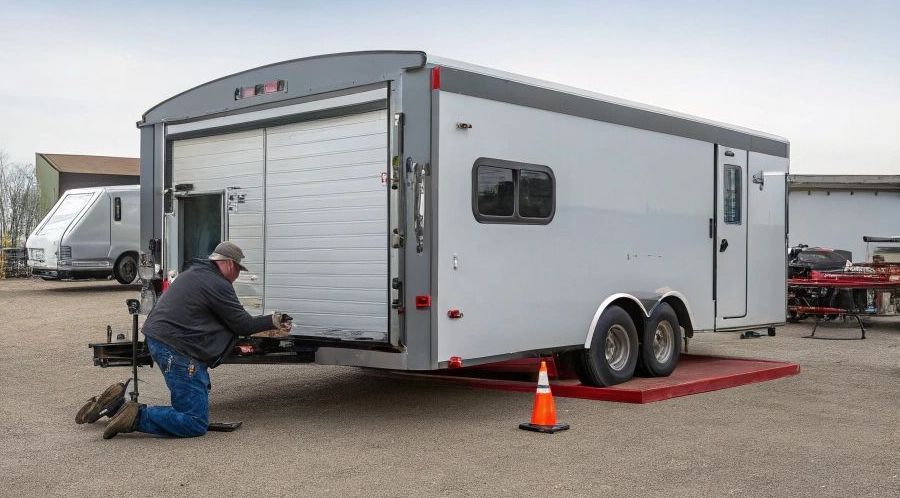 A man is working on a semi truck in a garage.