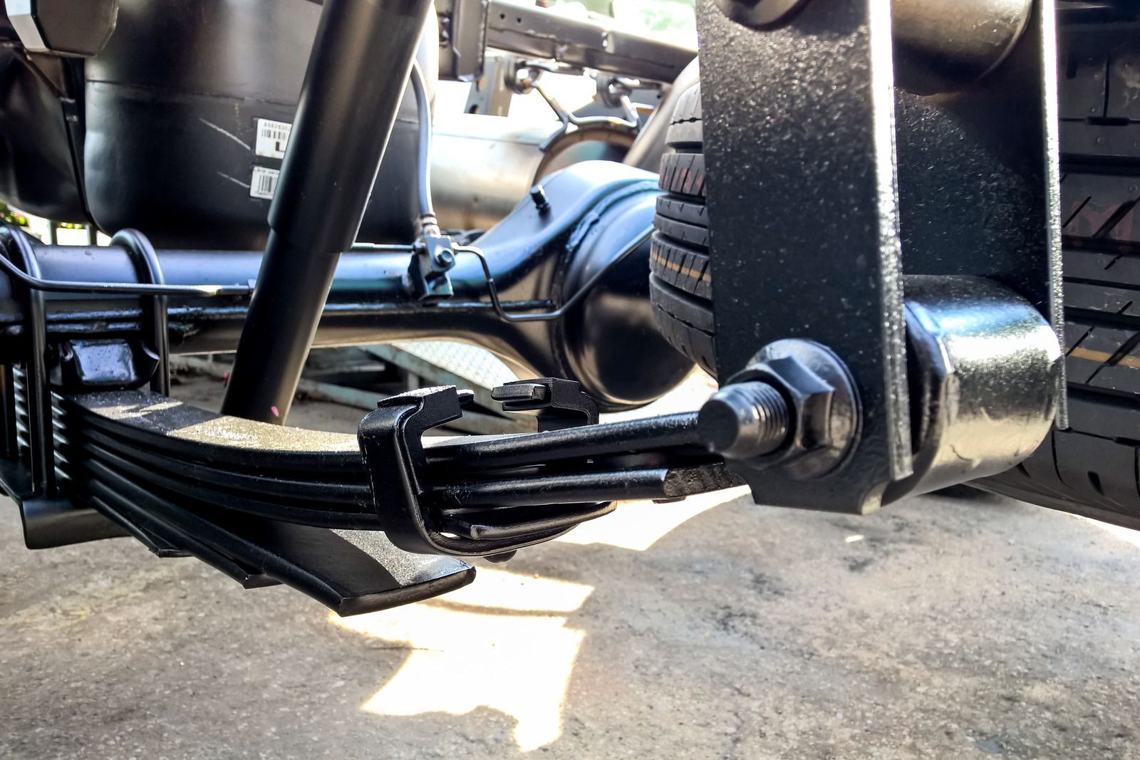 A close up of a suspension system on a vehicle