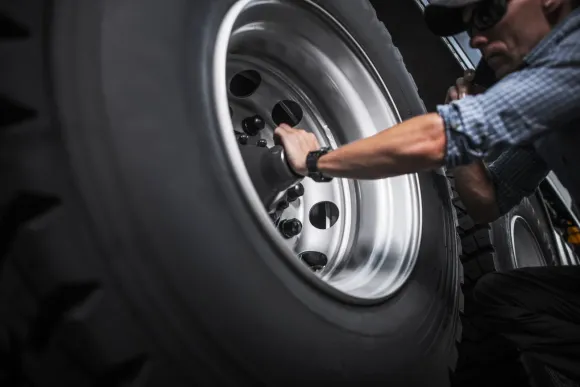 A man is working on a truck tire with a wrench.