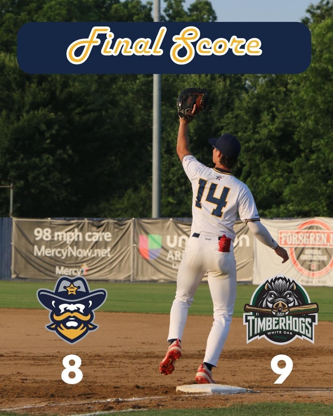 Baseball player in white uniform catches ball; final score graphic shows 9 Timberhogs vs 8 Cowboys.