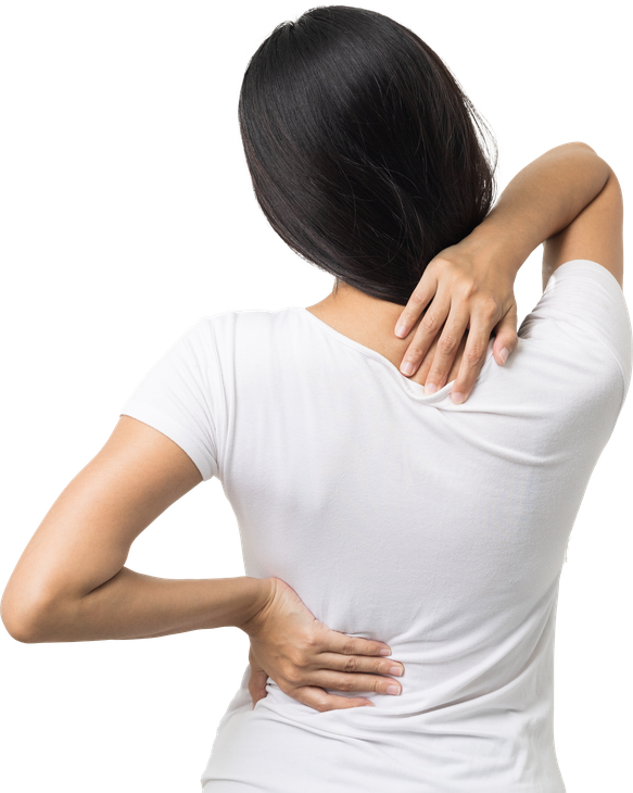 woman in white shirt touching her neck