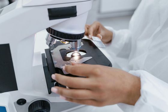A person is looking through a microscope in a laboratory.