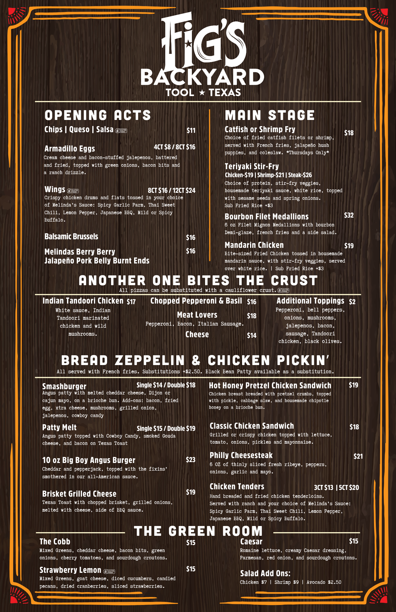 Menu for Fig's Backyard in Tool, Texas. Features food and drink options across various categories like appetizers, pizza, and main courses.