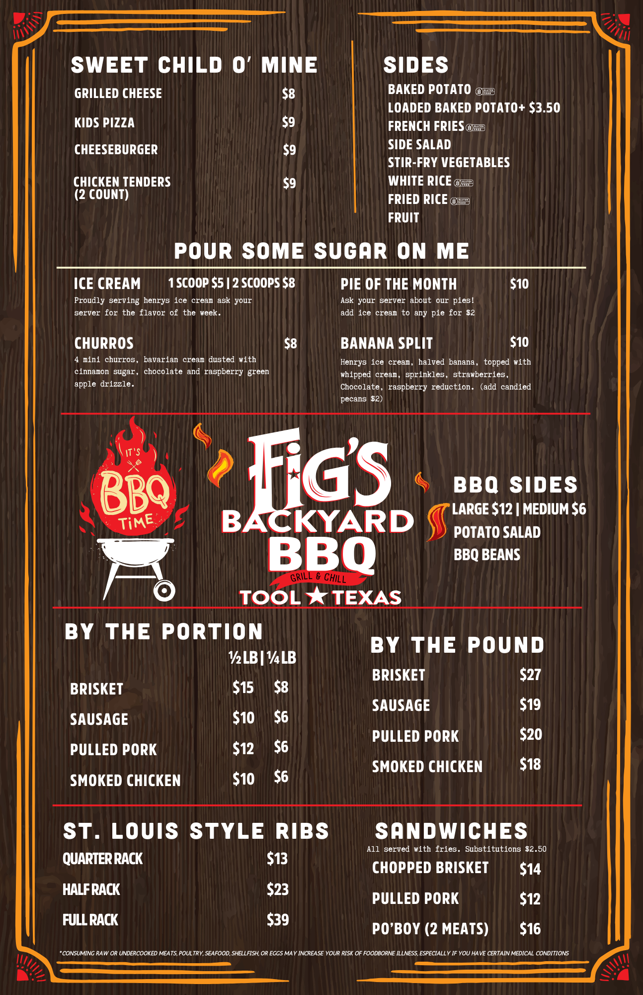 Menu for Fig's Backyard BBQ in Tool, Texas; on a wooden background with text and images.