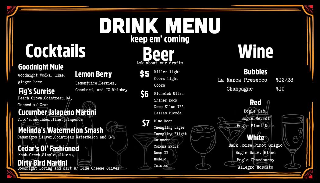 Drink menu on a black background, featuring cocktails, beer, and wine. Decorative border with drink illustrations.