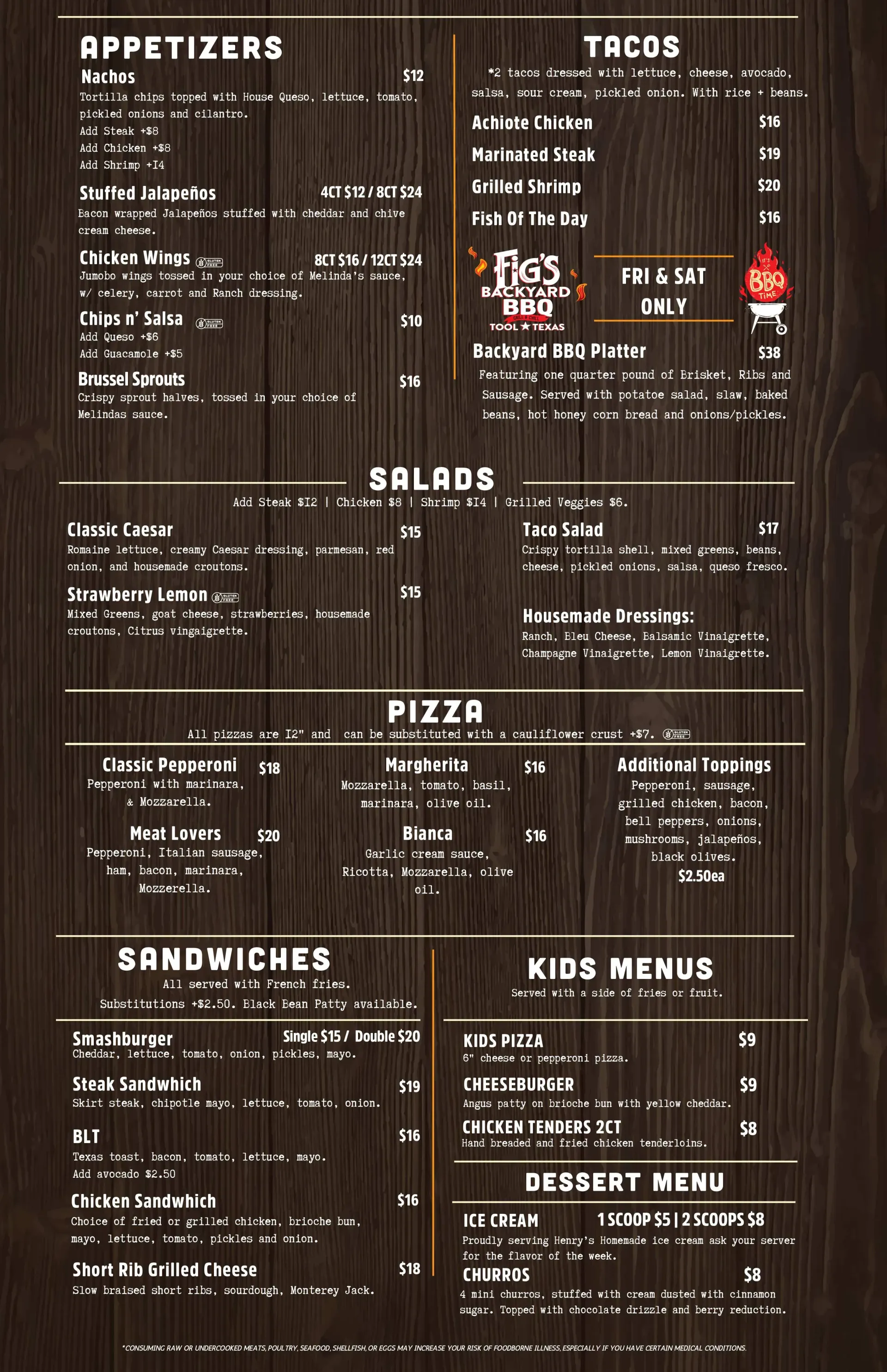 Menu for Fig's Backyard in Tool, Texas. Features food and drink options across various categories like appetizers, pizza, and main courses.