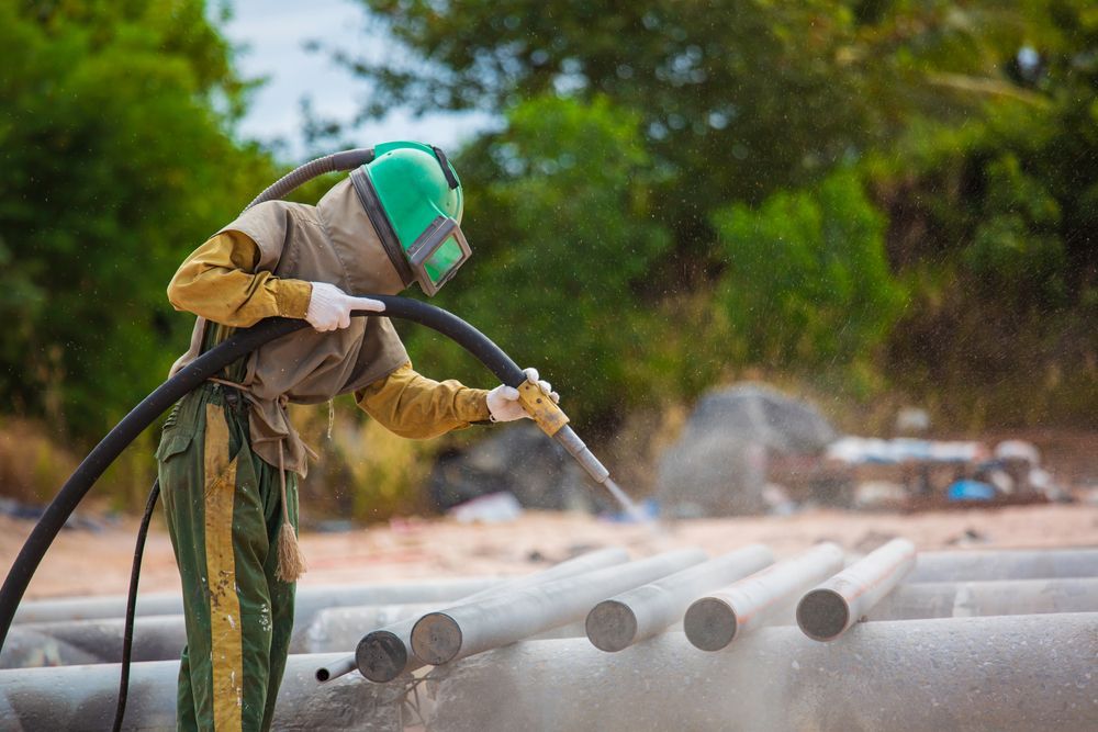 A Man Wearing a Helmet Is Sand Blasting a Pipe — Betts Welding Pty Ltd In Moss Vale, NSW