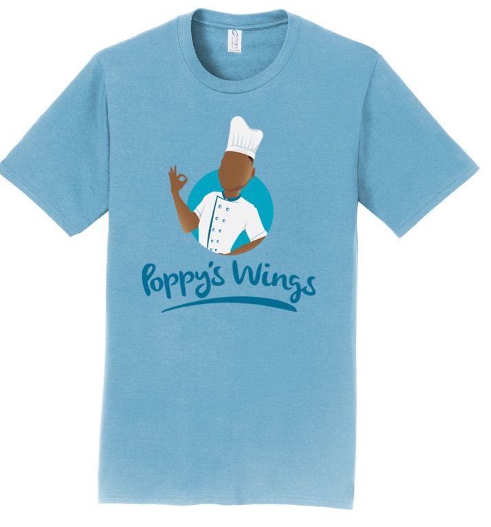 A light blue poppy 's wings t-shirt with a chef on it