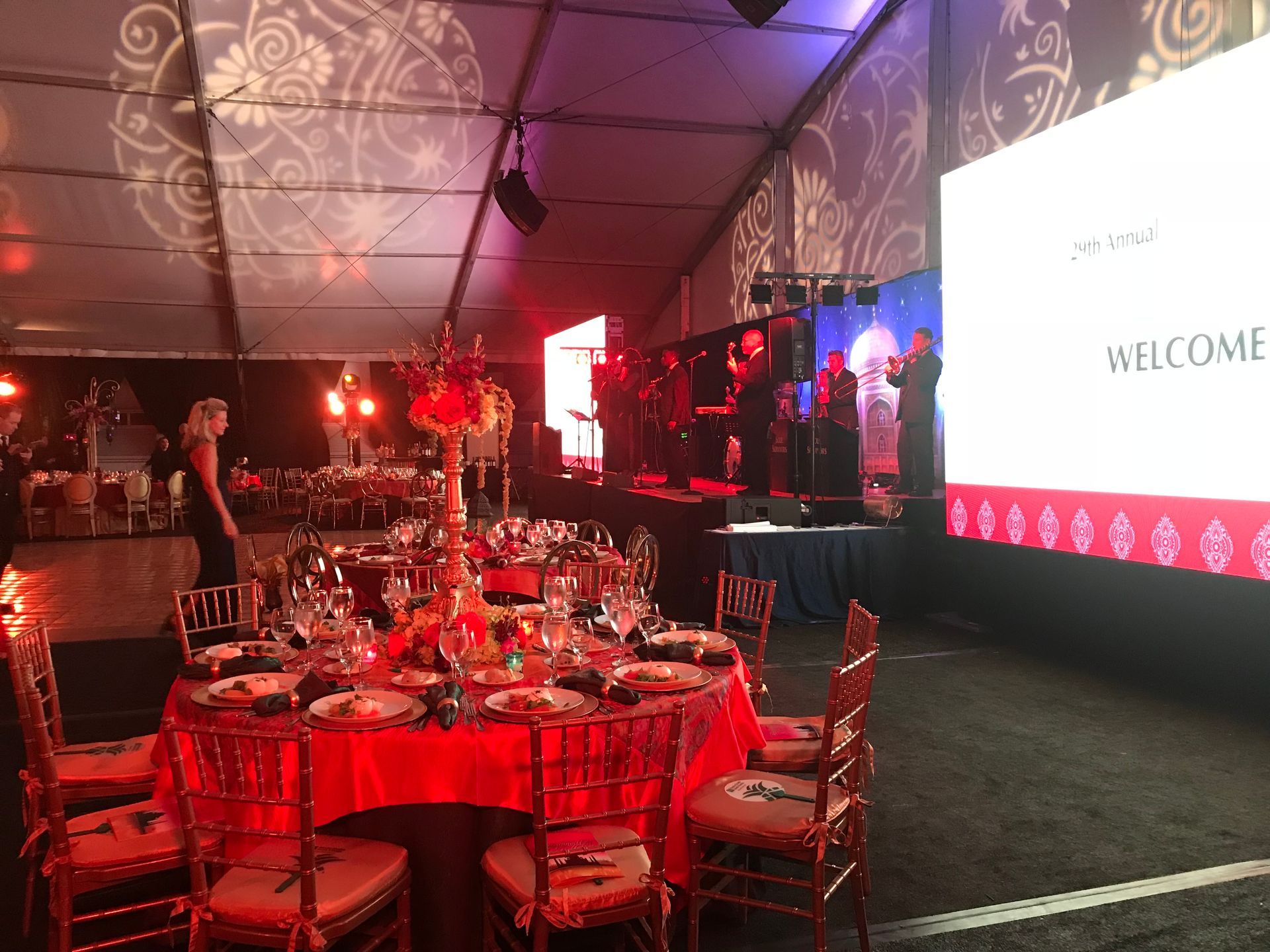 A large screen with the word welcome on it