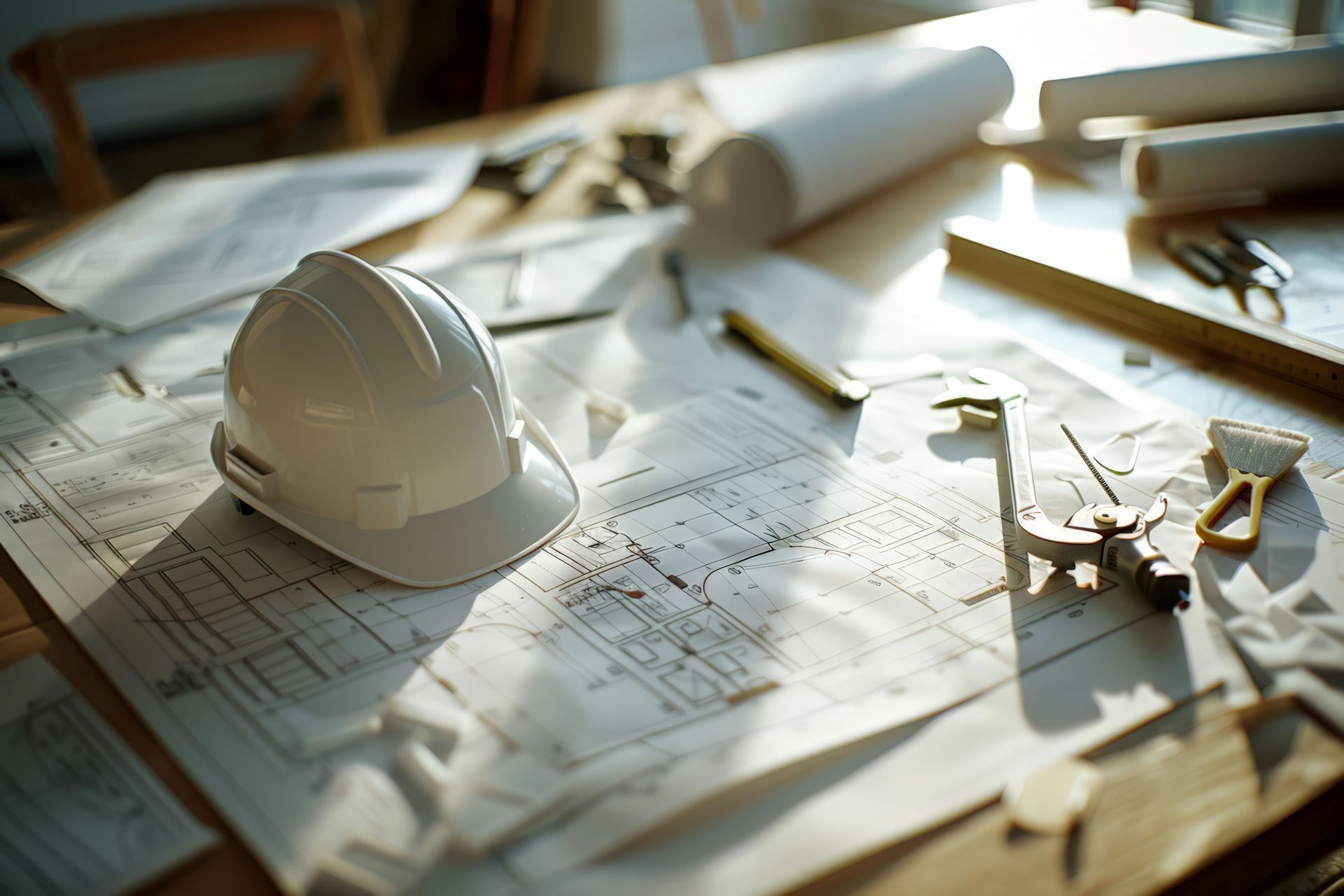A hard hat is sitting on top of a wooden table.