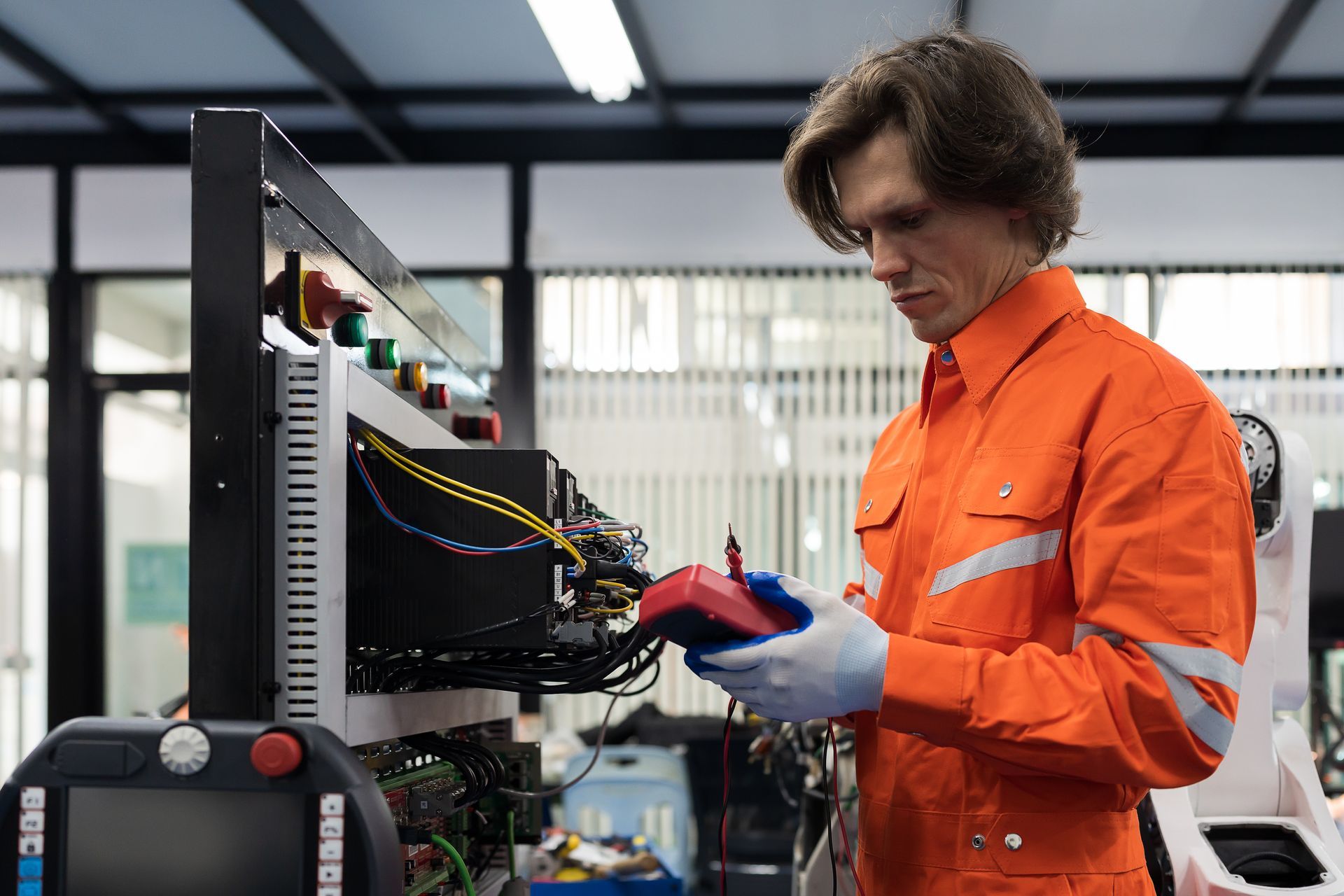 A man in an orange jumpsuit is working on a machine in a factory.