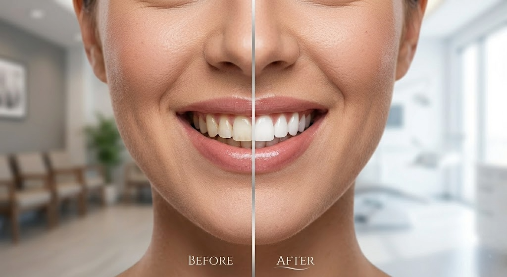 Split-screen close-up of a smiling mouth before and after teeth whitening treatment