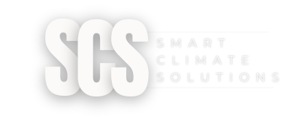 Logo with large white “SCS” and faint text “Smart Climate Solutions” on a light background