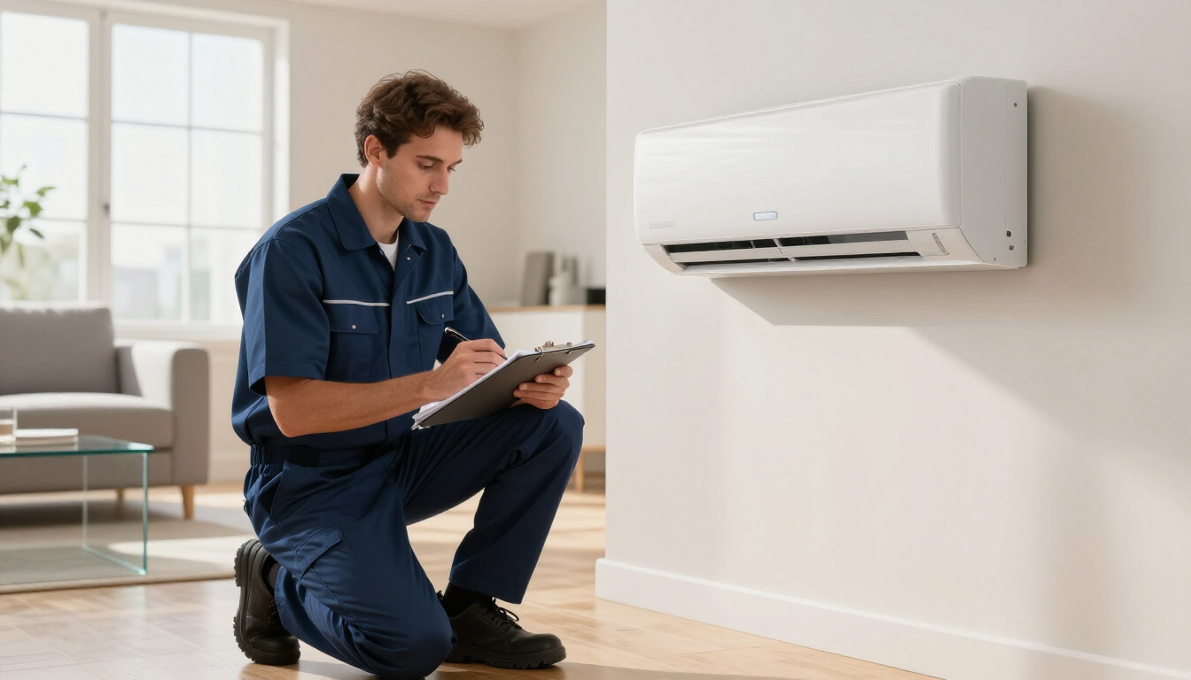 Technician kneels beside a wall-mounted air conditioner, taking notes in a bright living room.