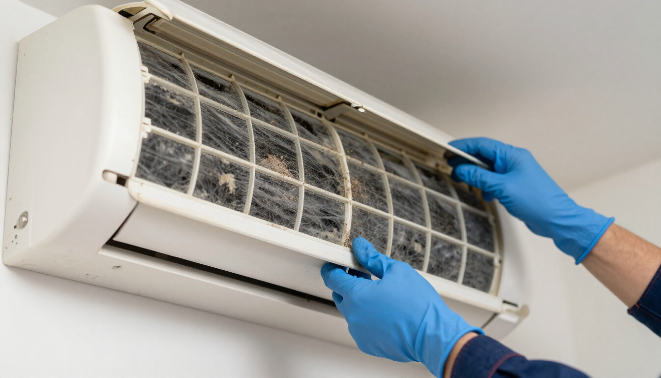 Blue-gloved hands cleaning a wall-mounted air conditioner filter