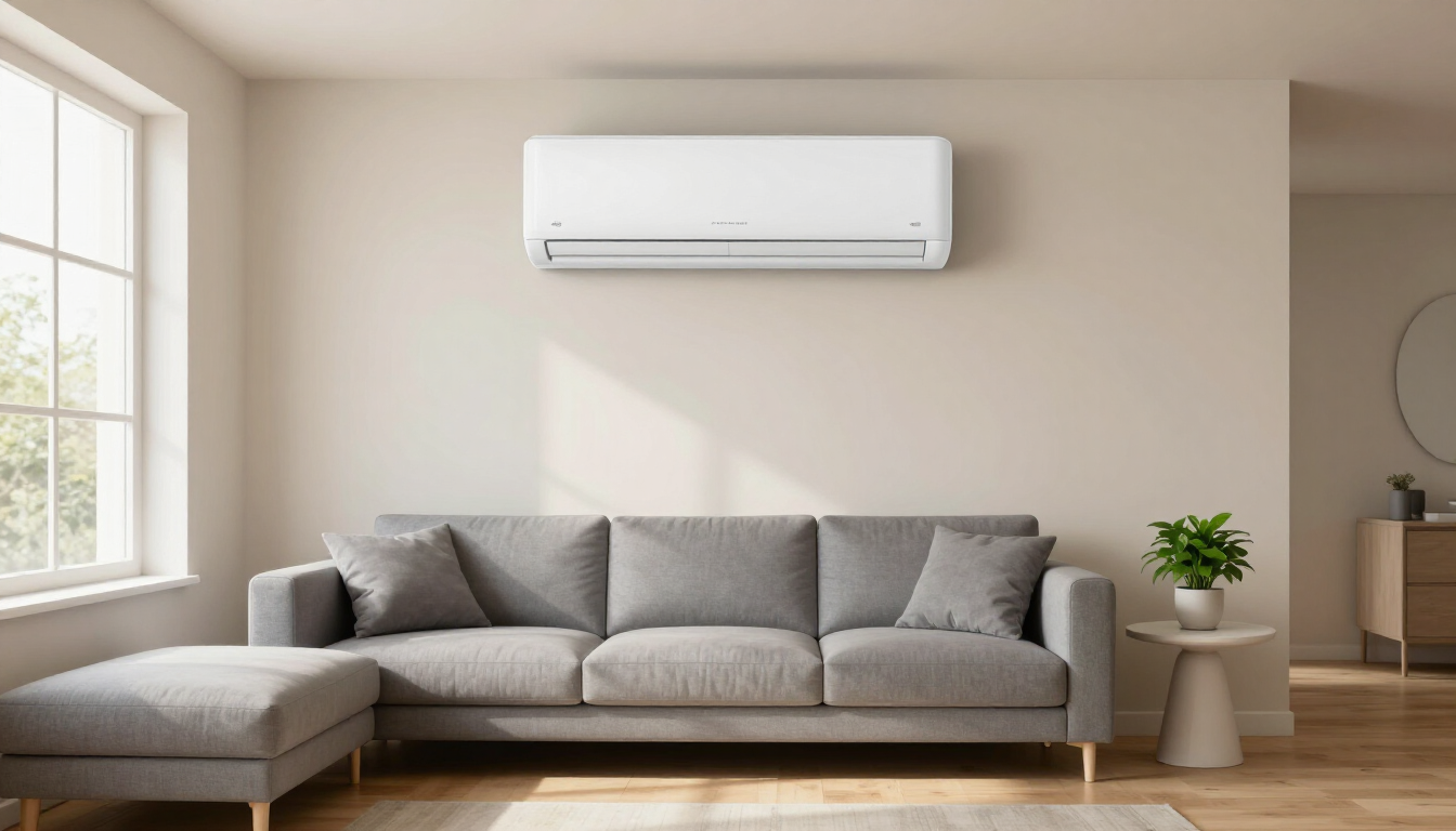 Minimalist living room with gray sofa, wall-mounted AC, and sunlight by the window