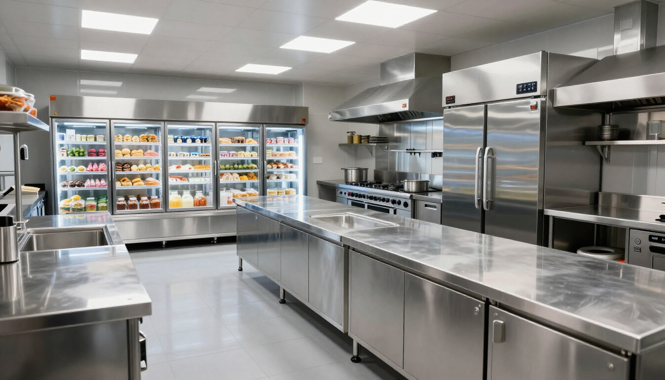 Stainless steel commercial kitchen with prep tables, ovens, and lit refrigerators stocked with ingredients.