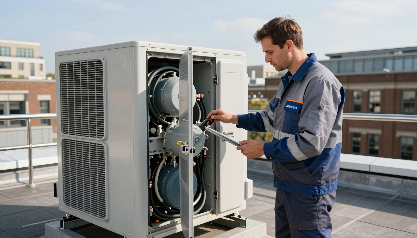 Technician inspecting rooftop HVAC unit with exposed components on a city building