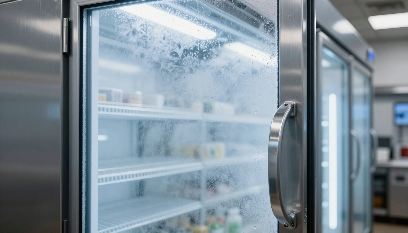Foggy glass-door refrigerators in a clean commercial kitchen or storage area
