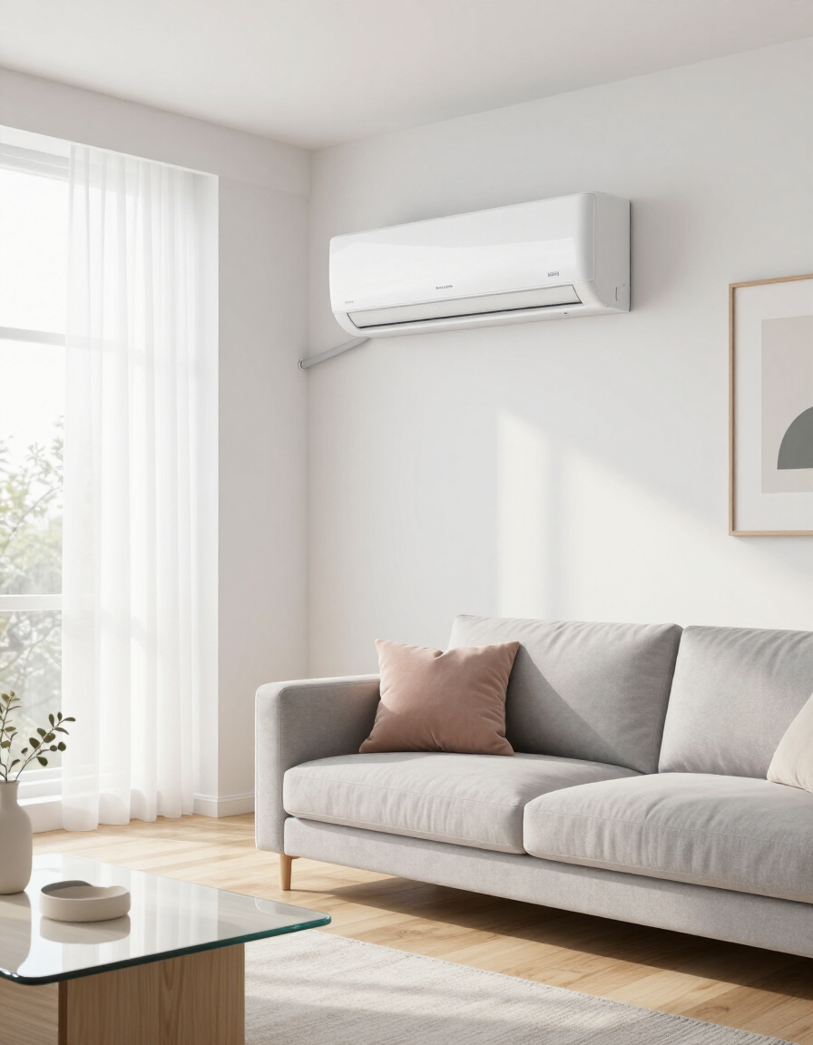 Bright living room with a gray sofa, wall-mounted air conditioner, and large window beside a glass coffee table.