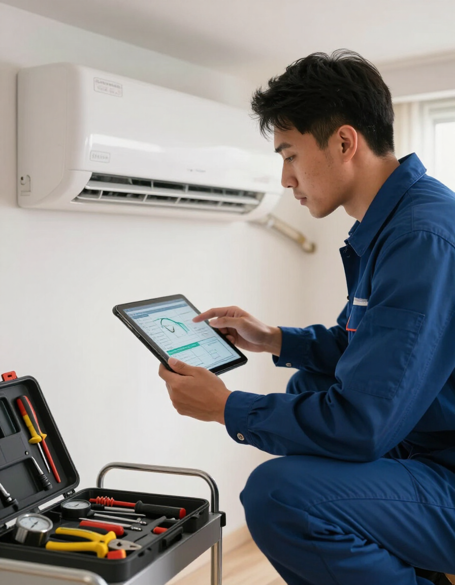 Technician in blue uniform checking a wall-mounted air conditioner with a tablet next to an open tool case