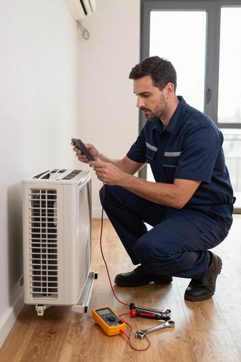 Technician kneeling beside a portable air conditioner, testing it with a multimeter in a bright room.