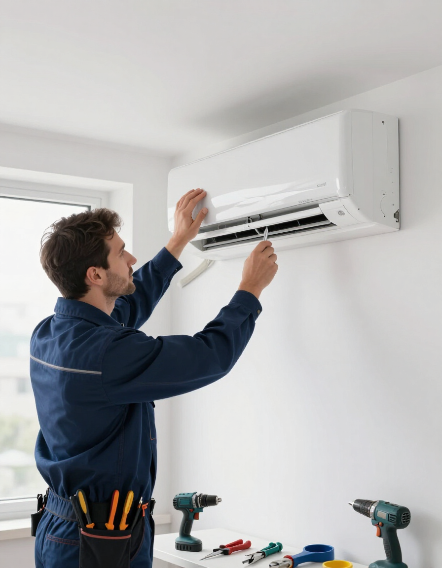 Technician installing a white wall-mounted air conditioner with tools on a table nearby
