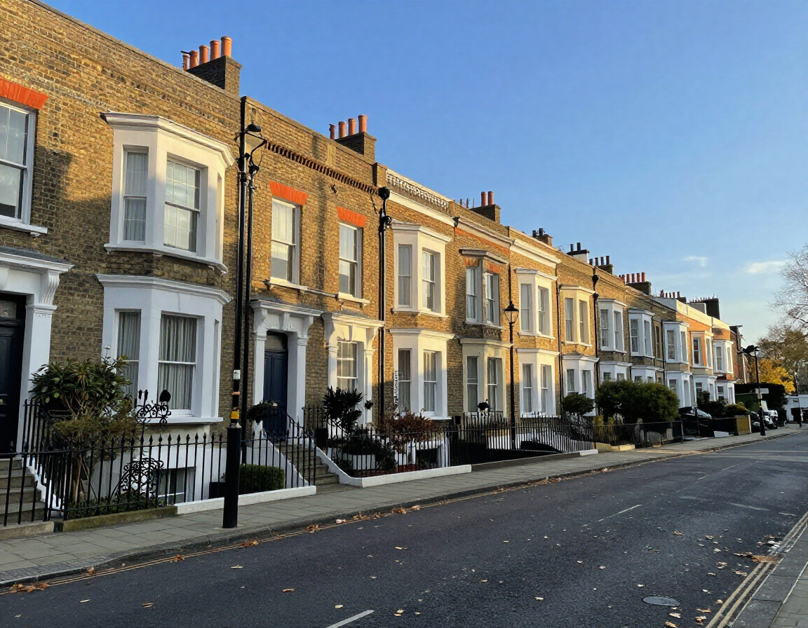 Row of sunlit Victorian townhouses along a quiet street under a clear blue sky
