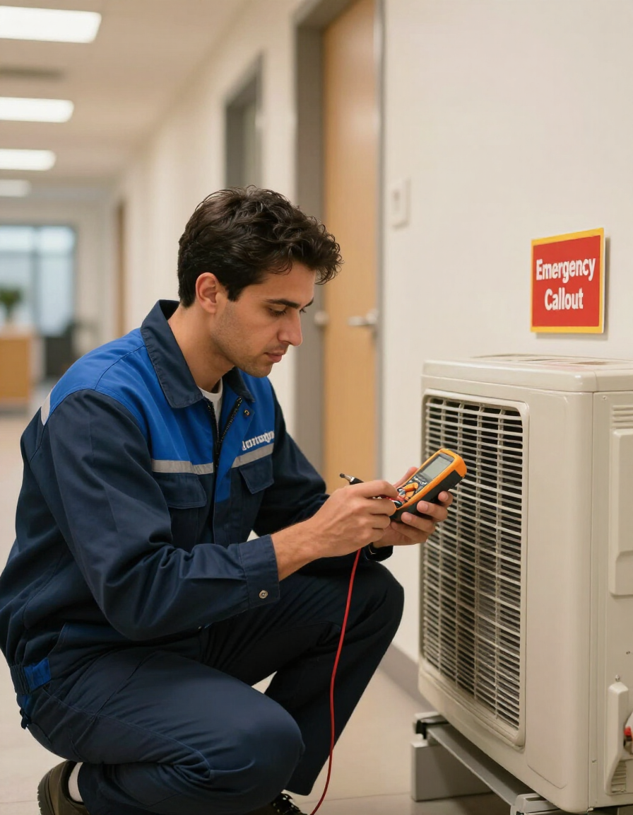 Technician kneels in a hallway, testing a wall unit with a multimeter beside a “Do not block” sign.