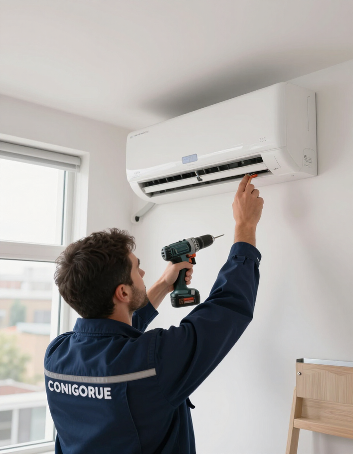 Technician using a drill to install a white wall-mounted air conditioner indoors