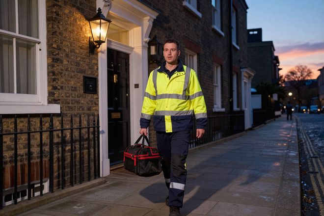 Person in a high-visibility jacket walking a sidewalk at dusk, carrying a red-and-black bag.