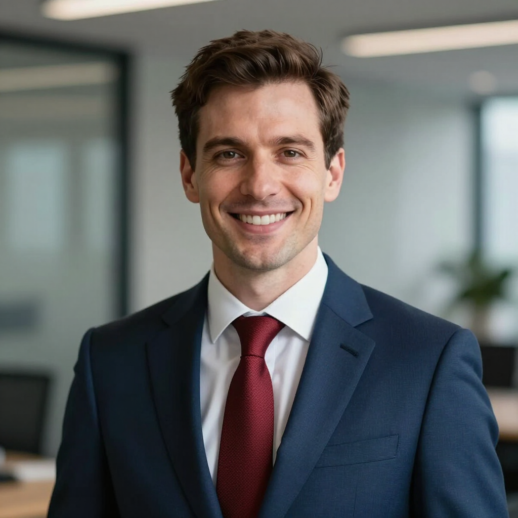 Smiling man in a navy suit and red tie standing in a modern office.