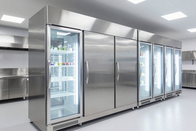 Stainless steel commercial walk-in refrigerator units in a bright, modern room