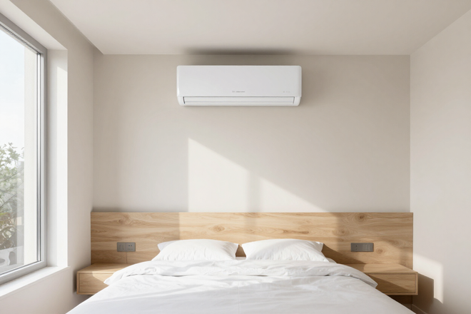 Bright minimalist bedroom with a bed, wooden headboard, and wall-mounted air conditioner above it