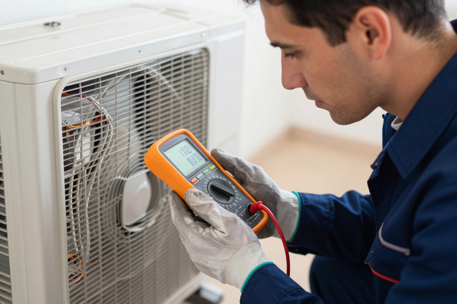 Technician using a multimeter to test an outdoor air conditioning unit