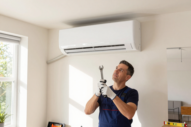 Technician inspecting a wall-mounted air conditioner in a bright room