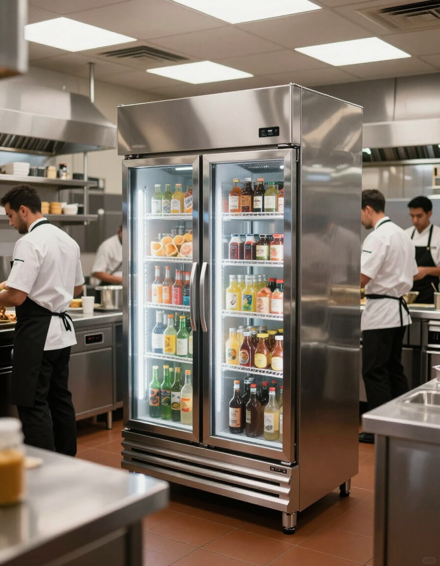 Stainless-steel beverage cooler in a commercial kitchen, with staff working in the background.