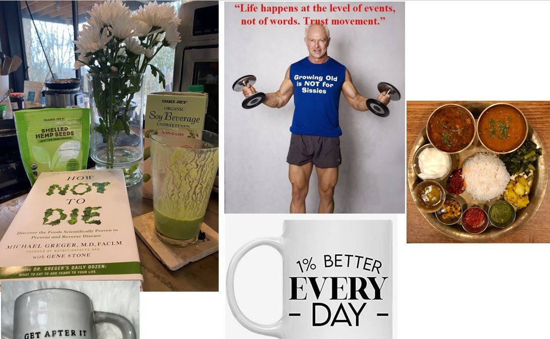 A man is lifting dumbbells next to a mug that says better fvfry day